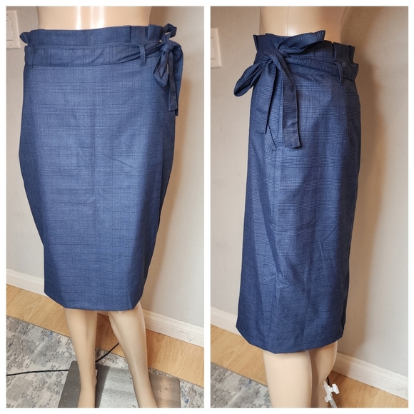 NWT Banana Republic Blue Plaid Pencil Midi Suit Skirt Removable Belt Pocket Sz 0 - Picture 8 of 15